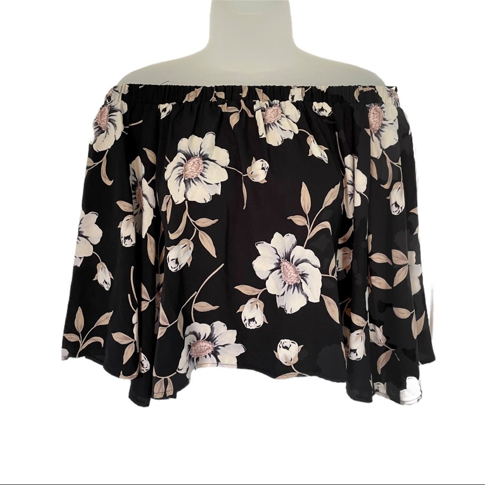 Lulu's Black Floral Off the Shoulder Top Blouse Bell Sleeve Crop